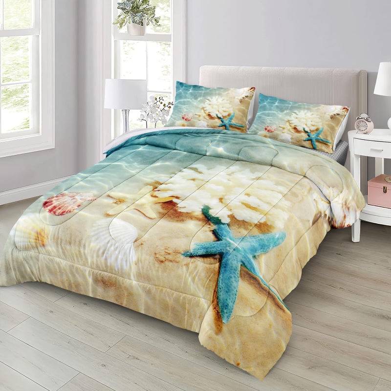 Bedbay Beach Comforter Sets King Size Beach Themed Bedding 3 Pieces Microfiber Soft Fluffy Shell Comforter Blue Ocean Decor Turquoise Teal Seashell Quilt Set for All Seasons (Coastal, King) - Image 2